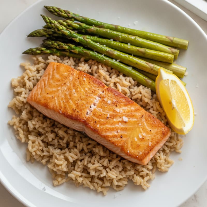 Seared Salmon with Steamed Asparagus and Brown Rice