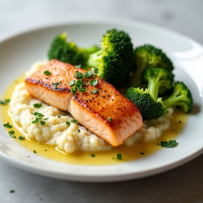 Seared Salmon with Garlic Broccoli and Cauliflower Mash