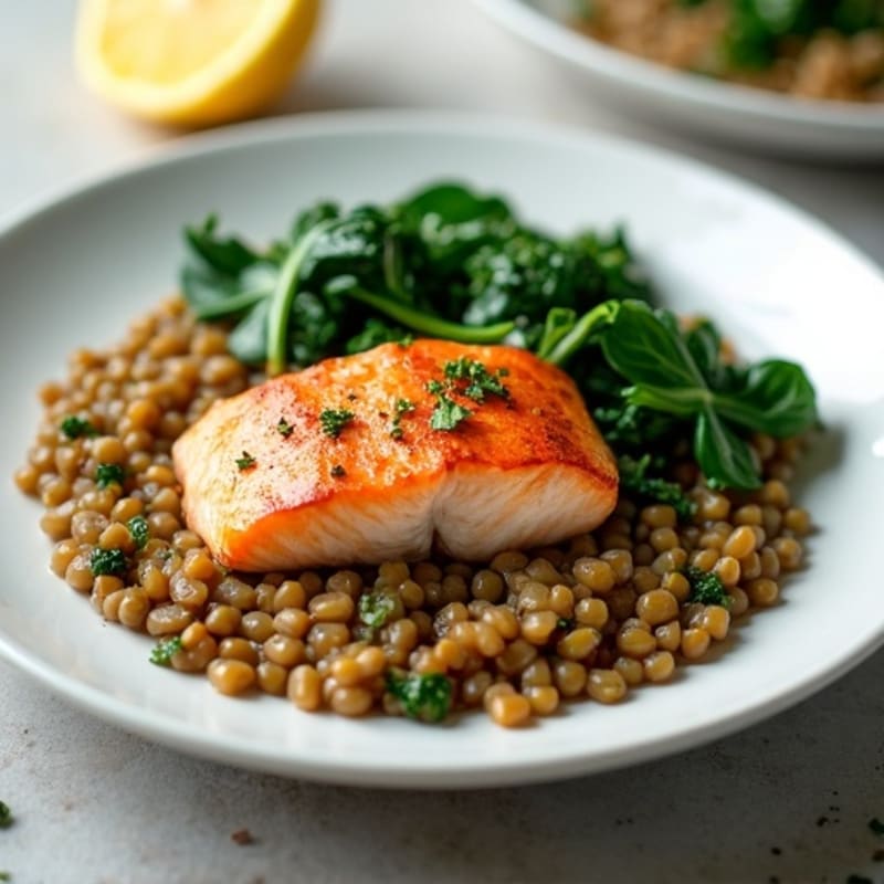Seared Salmon Fillet with Garlic Spinach and Lentil Mash