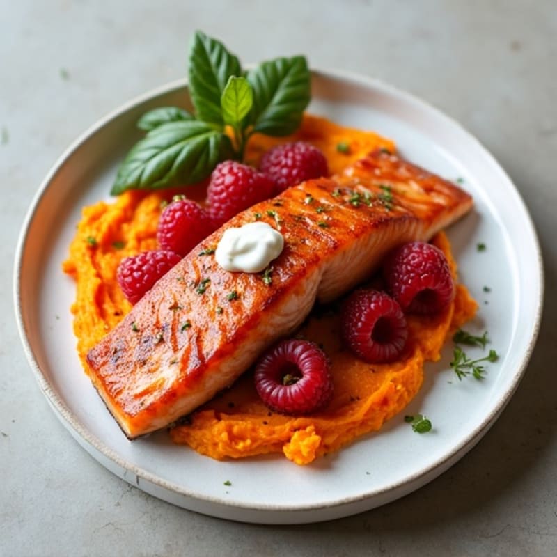 Baked Salmon with Fresh Raspberry Glaze and Creamy Sweet Potato Mash