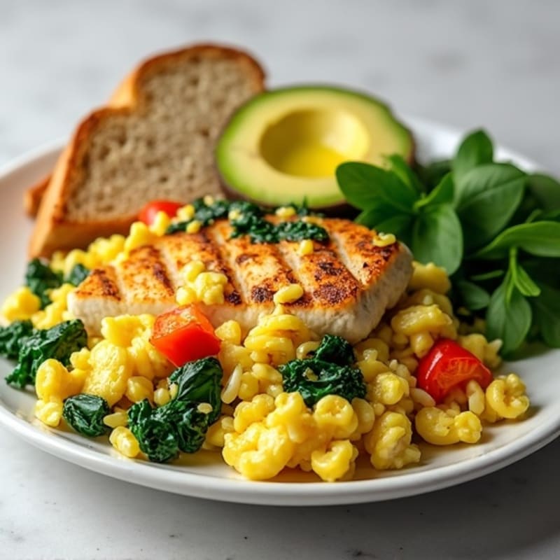 Egg White Veggie Scramble with Grilled Chicken and Spinach