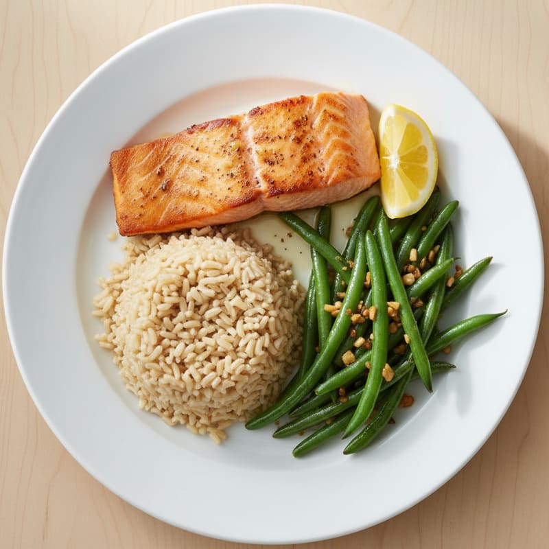 Seared Salmon with Garlic Green Beans and Brown Rice