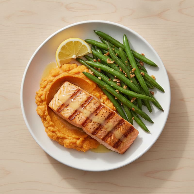 Grilled Salmon with Garlic Green Beans and Sweet Potato Mash