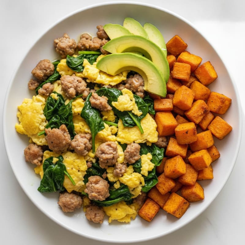 Scrambled Eggs with Turkey Sausage and Sautéed Spinach