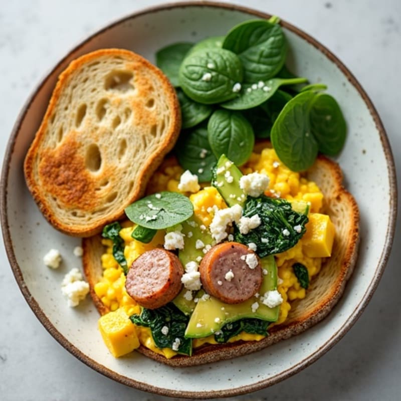 Egg White and Turkey Sausage Scramble with Sautéed Spinach, Toast, Avocado & Feta