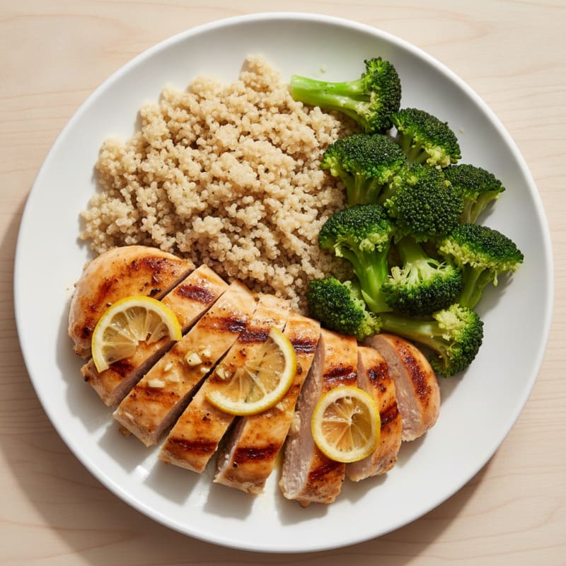 Grilled Lemon Garlic Chicken Breast with Quinoa and Steamed Broccoli