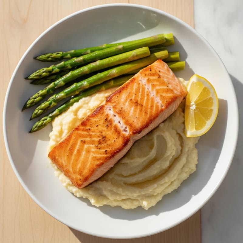 Seared Salmon with Steamed Asparagus and Cauliflower Mash