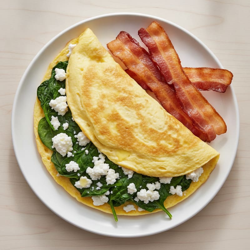 Crispy Turkey Bacon Omelette with Spinach and Cottage Cheese