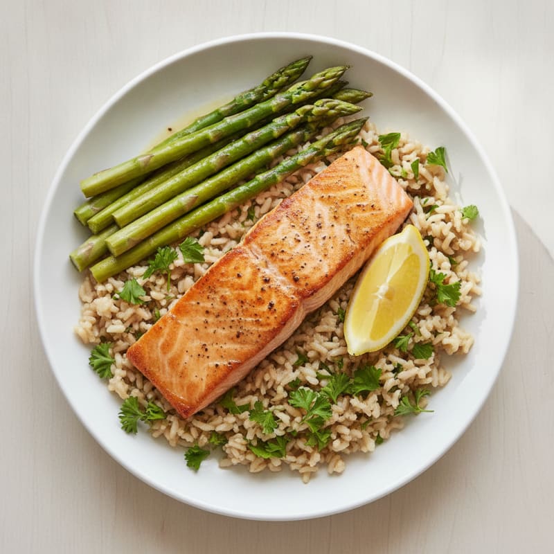 Seared Salmon with Steamed Asparagus and Herbed Brown Rice