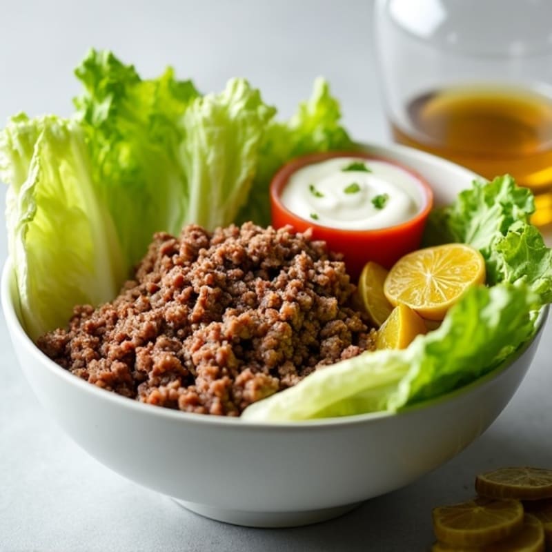 Lean Ground Beef Salad Bowl with Crispy Lettuce, Dill Pickles, and Creamy Special Dressing