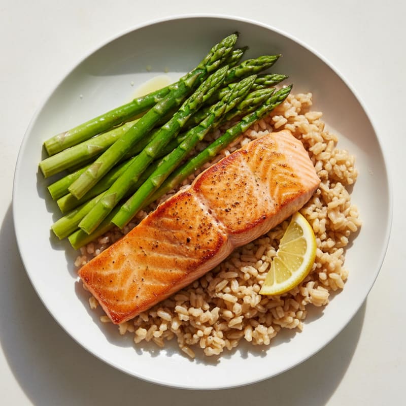 Seared Salmon Fillet with Steamed Asparagus and Brown Rice