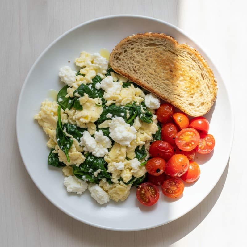 Egg White and Spinach Scramble with Cottage Cheese and Cherry Tomatoes