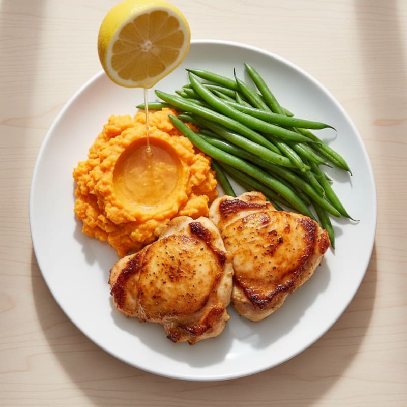 Seared Chicken Thighs with Steamed Green Beans and Sweet Potato Mash