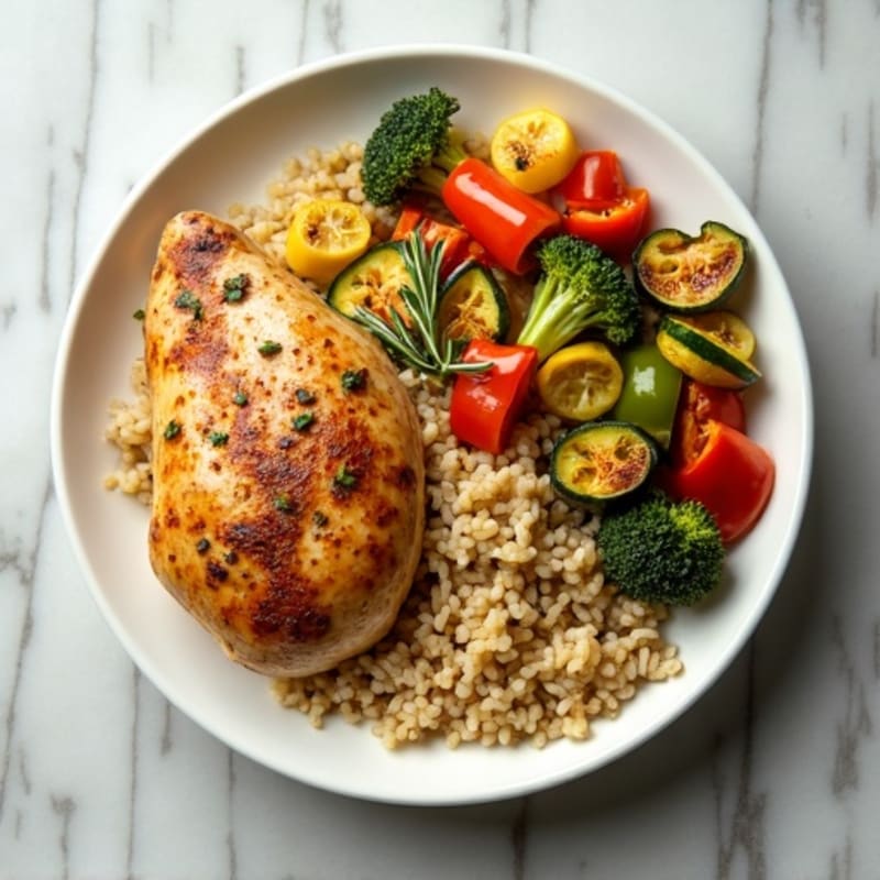 Lemon Herb Roasted Chicken with Brown Rice and Roasted Vegetables