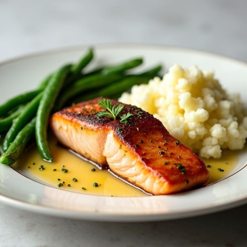 Seared Salmon with Steamed Green Beans and Garlic Mashed Cauliflower