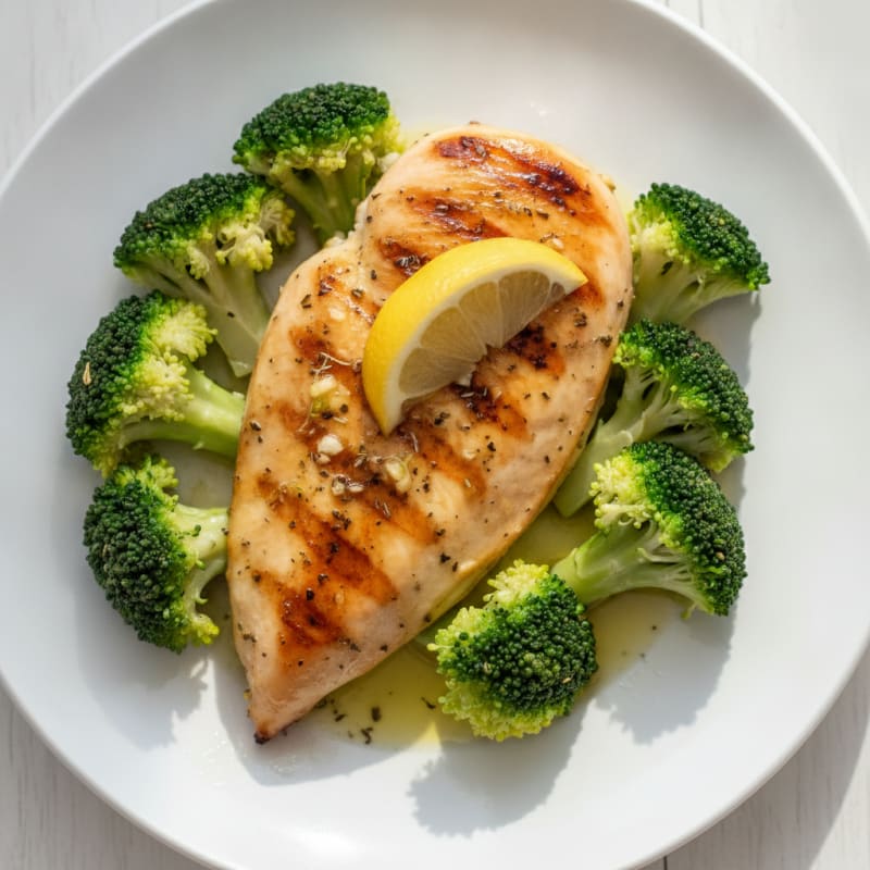Grilled Chicken Breast with Steamed Broccoli and Lemon