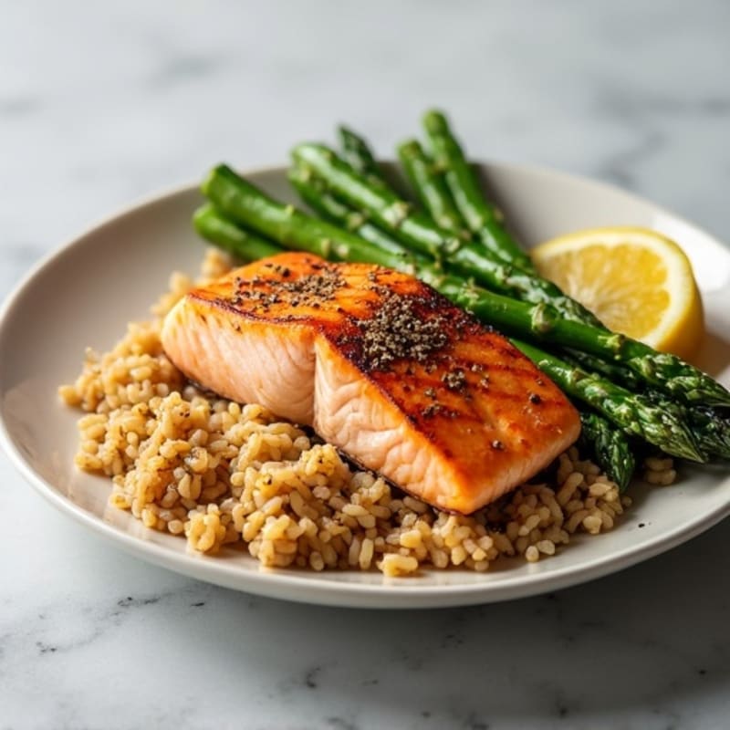 Seared Salmon with Steamed Asparagus and Brown Rice