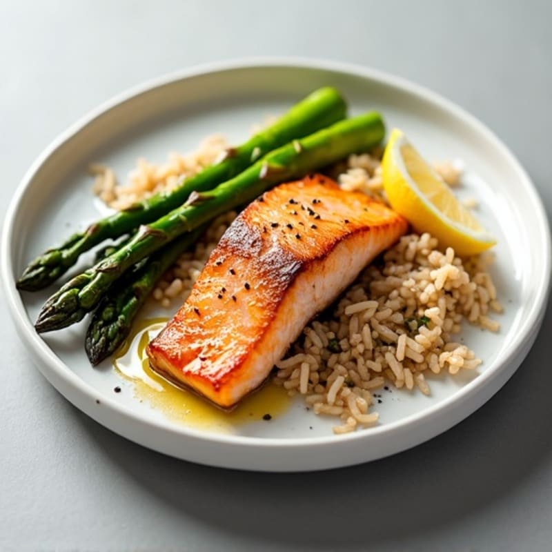 Seared Salmon Fillet with Steamed Asparagus and Brown Rice