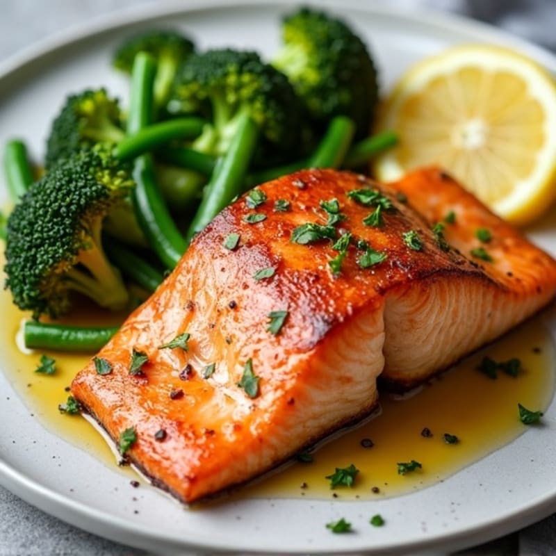 Crispy Pan-Seared Salmon with Roasted Broccoli and Green Beans