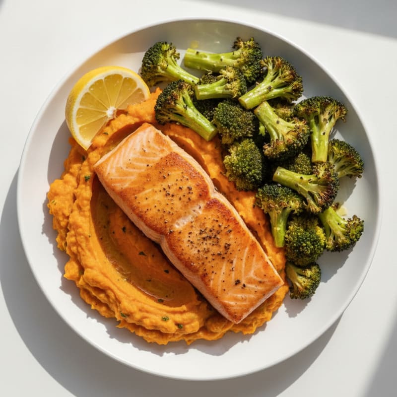 Seared Salmon with Roasted Broccoli and Sweet Potato Mash