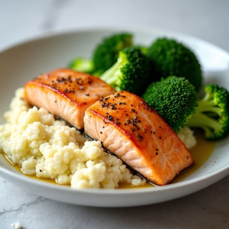 Seared Salmon Fillet with Steamed Broccoli and Garlic Mashed Cauliflower