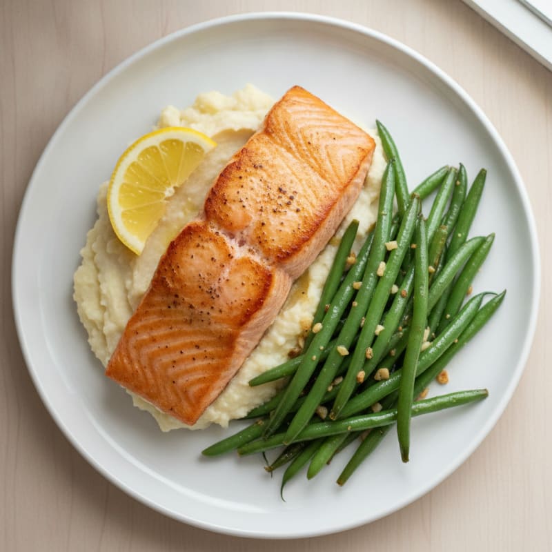 Seared Salmon with Garlic Green Beans and Cauliflower Mash