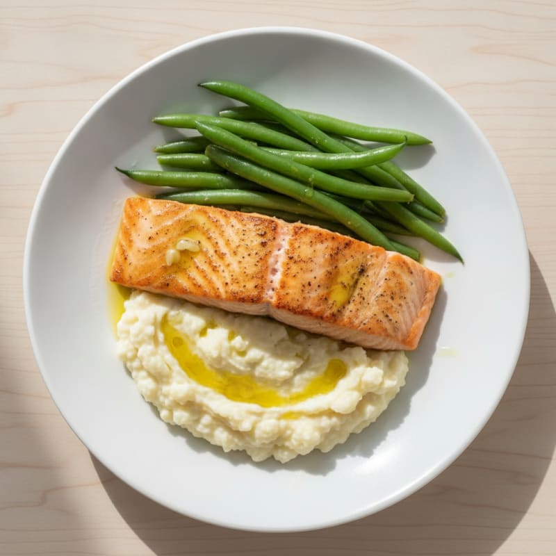 Seared Salmon with Steamed Green Beans and Garlic Mashed Cauliflower