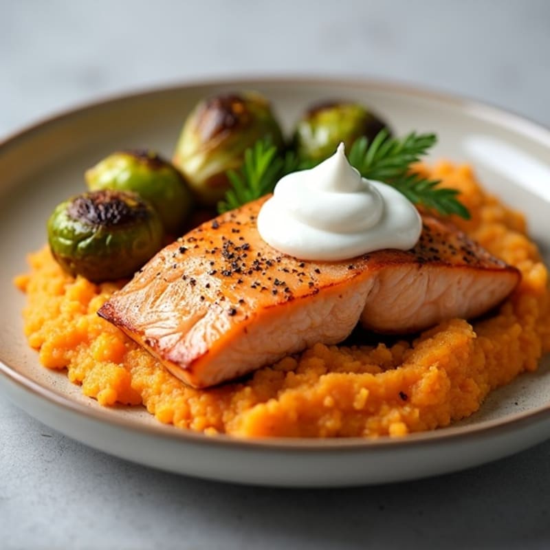 Seared Salmon Fillet with Garlic Brussels and Sweet Potato Mash