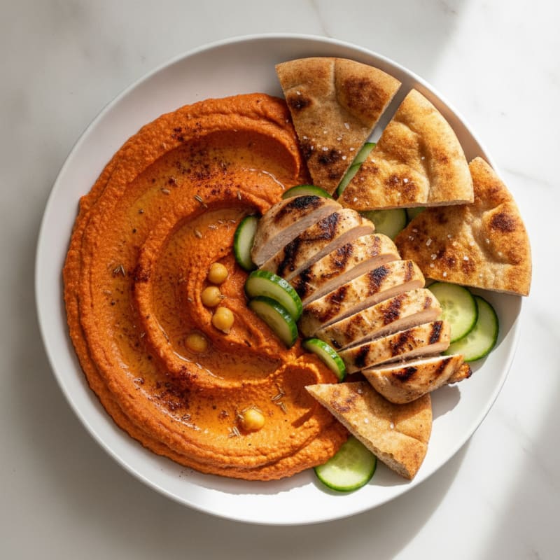 Roasted Red Pepper Hummus with Grilled Chicken and Toasted Pita