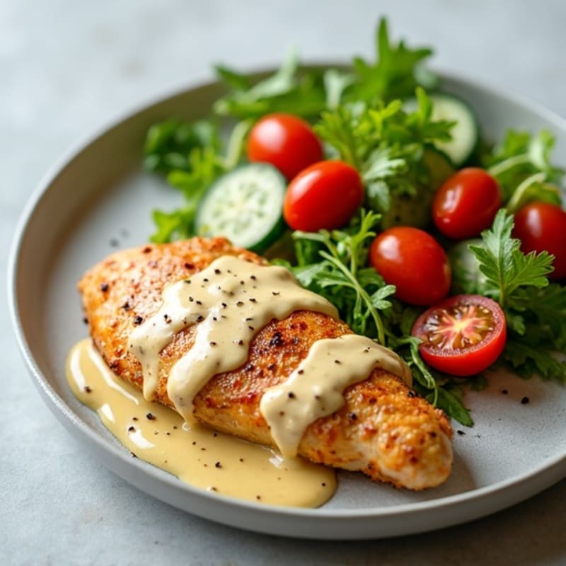 Spiced Roasted Chicken with Creamy Garlic Sauce and Fresh Chopped Salad