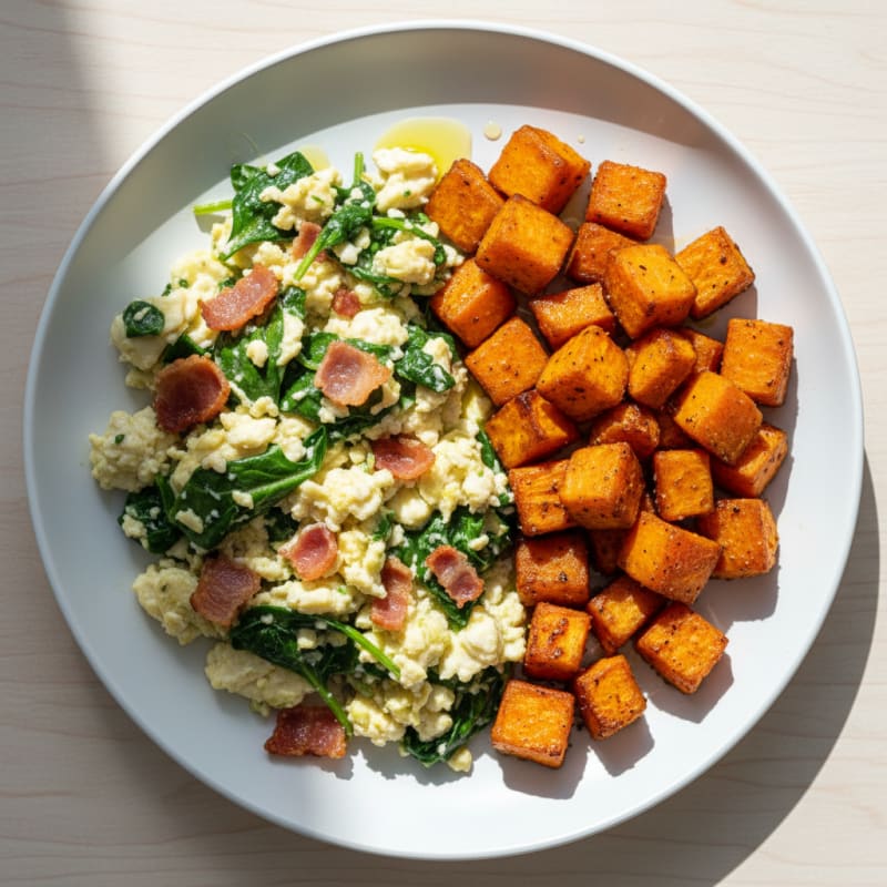 Crispy Turkey Bacon and Spinach Egg White Scramble with Roasted Sweet Potato