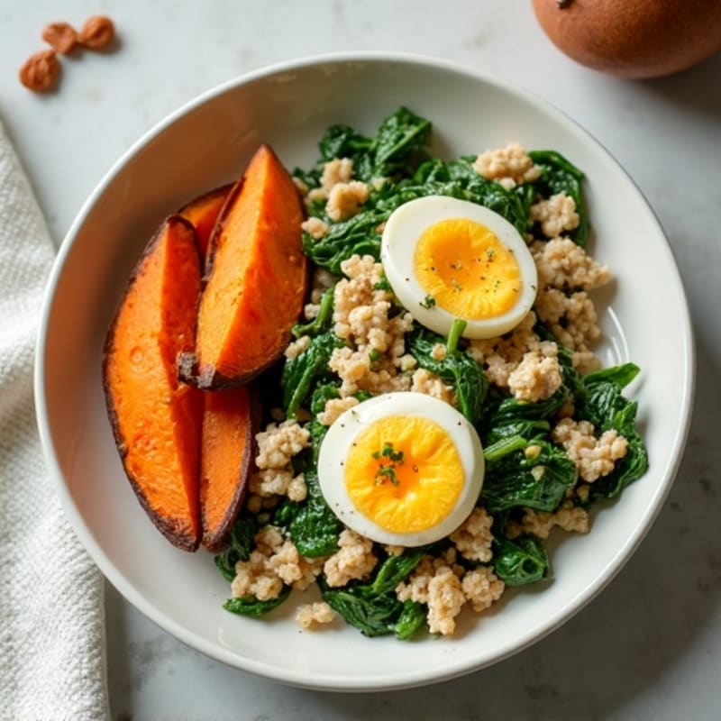 Egg White and Turkey Spinach Scramble with Roasted Sweet Potato