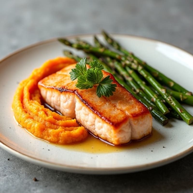 Seared Salmon Fillet with Roasted Asparagus and Sweet Potato Mash
