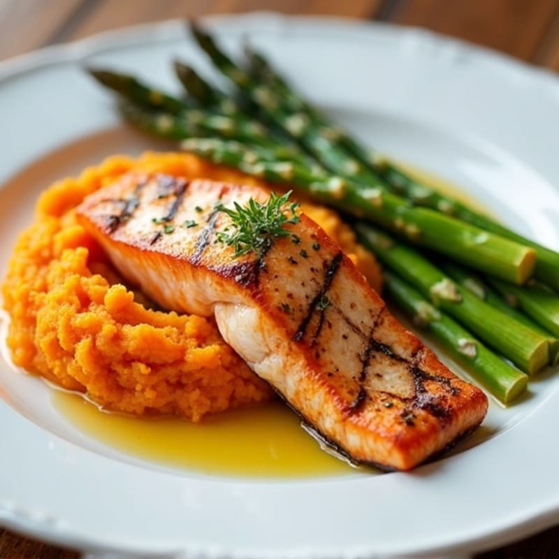 Seared Salmon Fillet with Roasted Asparagus and Sweet Potato Mash