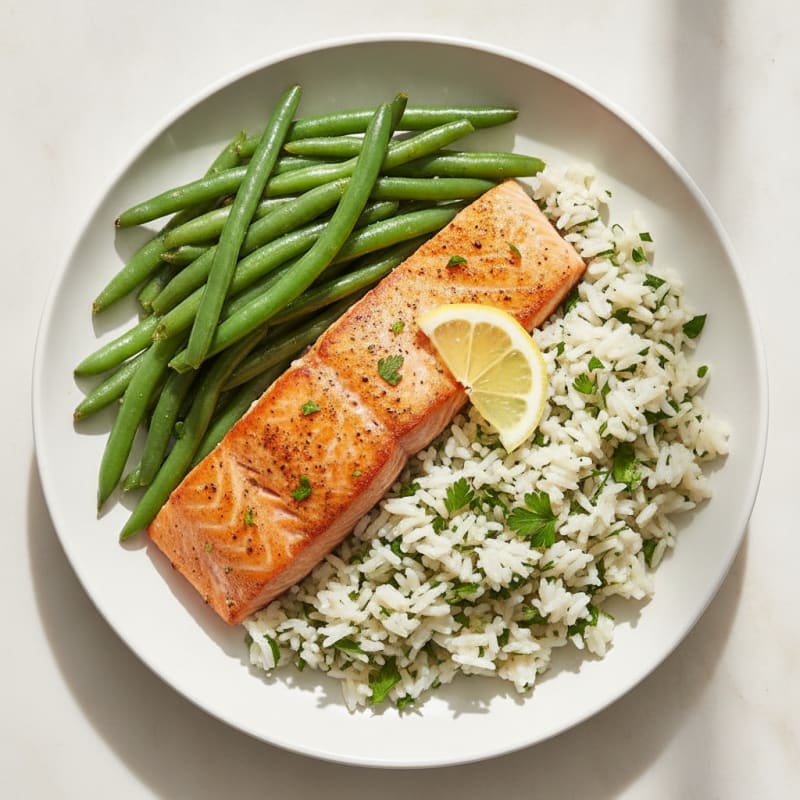 Seared Salmon with Herb Rice and Sautéed Green Beans