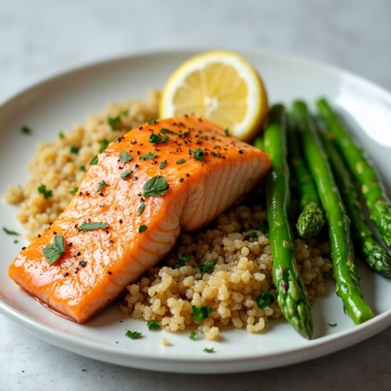 Grilled Salmon with Roasted Asparagus, Green Beans and Lemon Quinoa