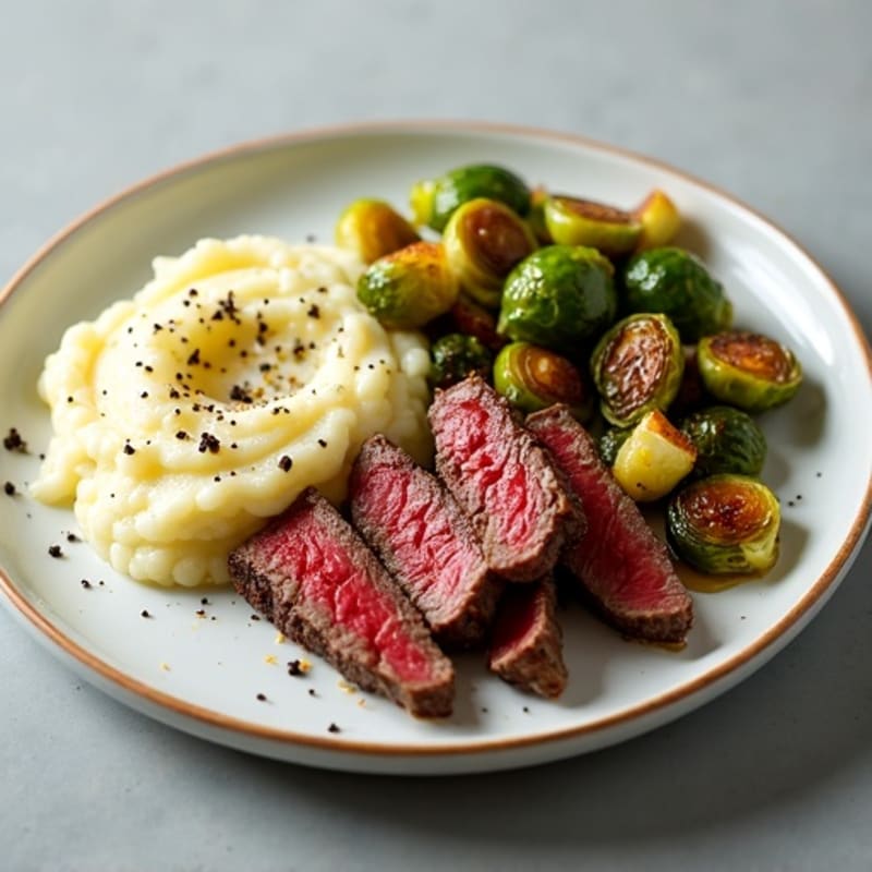 Seared Lean Beef Strips with Roasted Brussels Sprouts and Cauliflower Mash