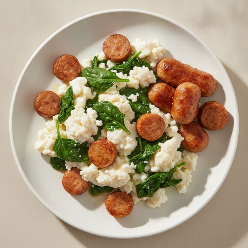 Egg White Scramble with Turkey Sausage and Sautéed Spinach