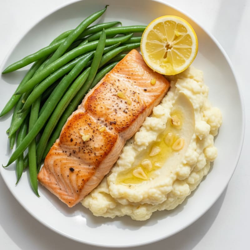 Seared Salmon with Steamed Green Beans and Garlic Mashed Cauliflower