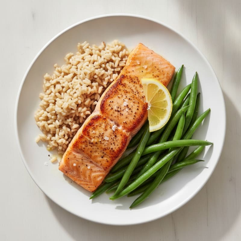 Seared Salmon Fillet with Steamed Green Beans and Brown Rice