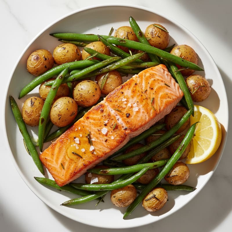 Seared Salmon with Herb-Roasted Potatoes and Crispy Green Beans