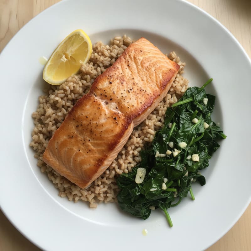 Seared Salmon with Garlic Spinach and Brown Rice