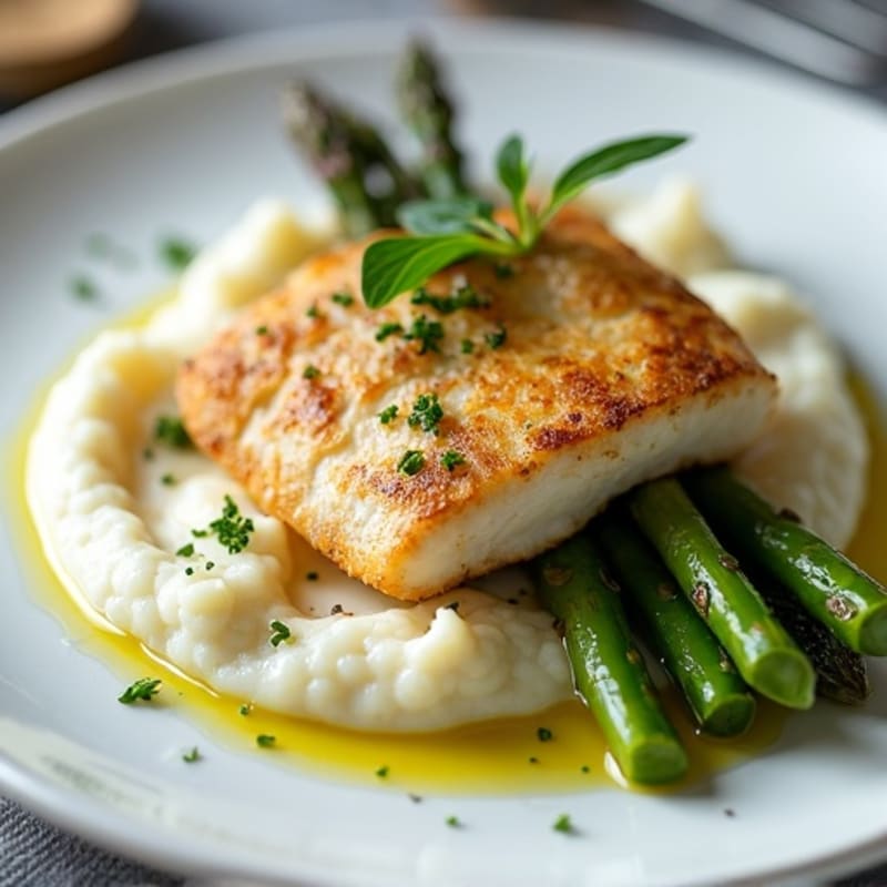Seared Cod with Roasted Asparagus and Cauliflower Mash