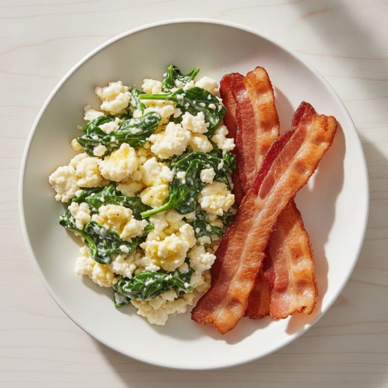 Cottage Cheese Egg Scramble with Spinach and Turkey Bacon