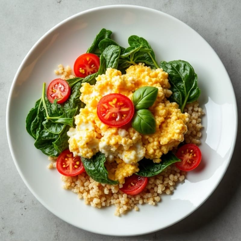 Cottage Cheese and Egg White Scramble with Spinach and Cherry Tomatoes
