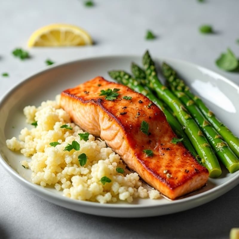 Seared Salmon with Steamed Asparagus and Cauliflower Rice