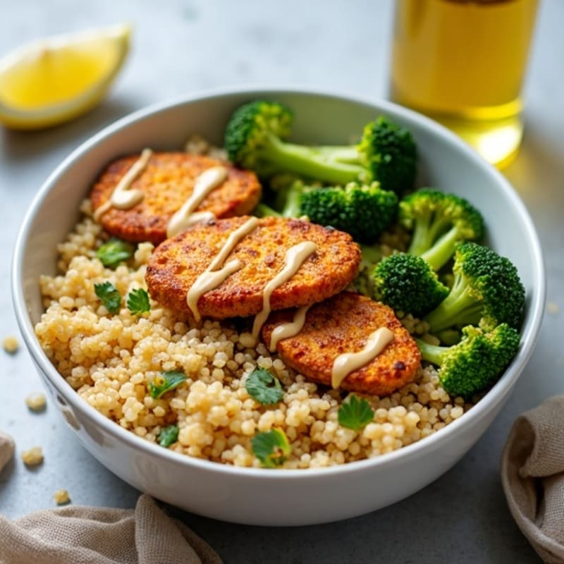 Crispy Tempeh Quinoa Power Bowl with Roasted Broccoli and Tahini Drizzle