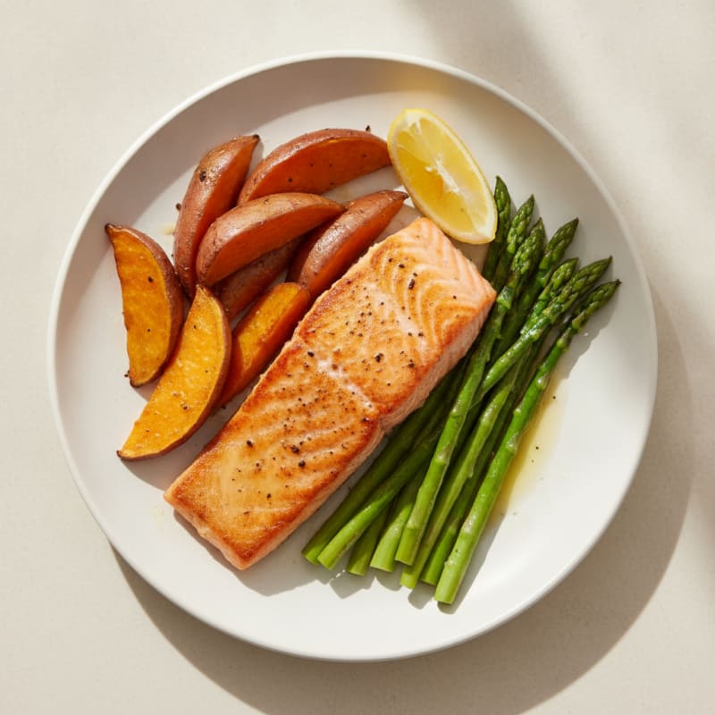 Seared Salmon with Roasted Sweet Potato and Asparagus