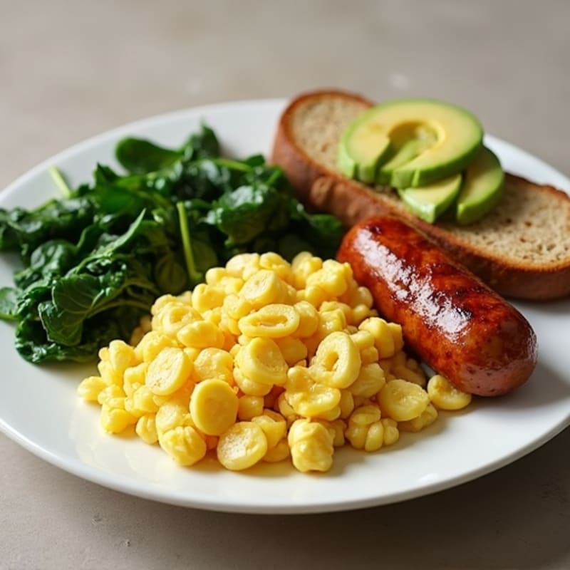 Crispy Turkey Sausage and Egg White Scramble with Sautéed Spinach