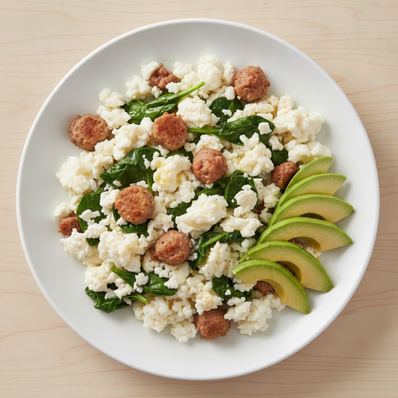 Egg White Scramble with Turkey Sausage and Sautéed Spinach